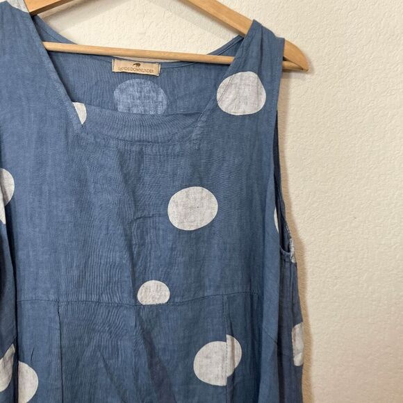 Lands Downunder Blue Polka Dot Chambray Linen Sleeveless Midi Dress Size Large - Picture 5 of 6